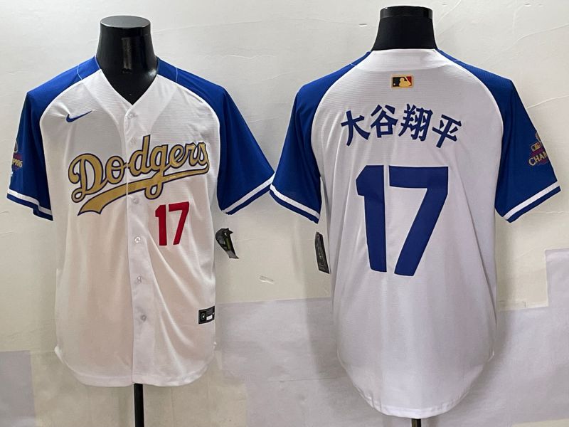 Men Los Angeles Dodgers #17 Ohtani White Blue Champion gold character Nike 2025 MLB Jersey style 5052->los angeles dodgers->MLB Jersey